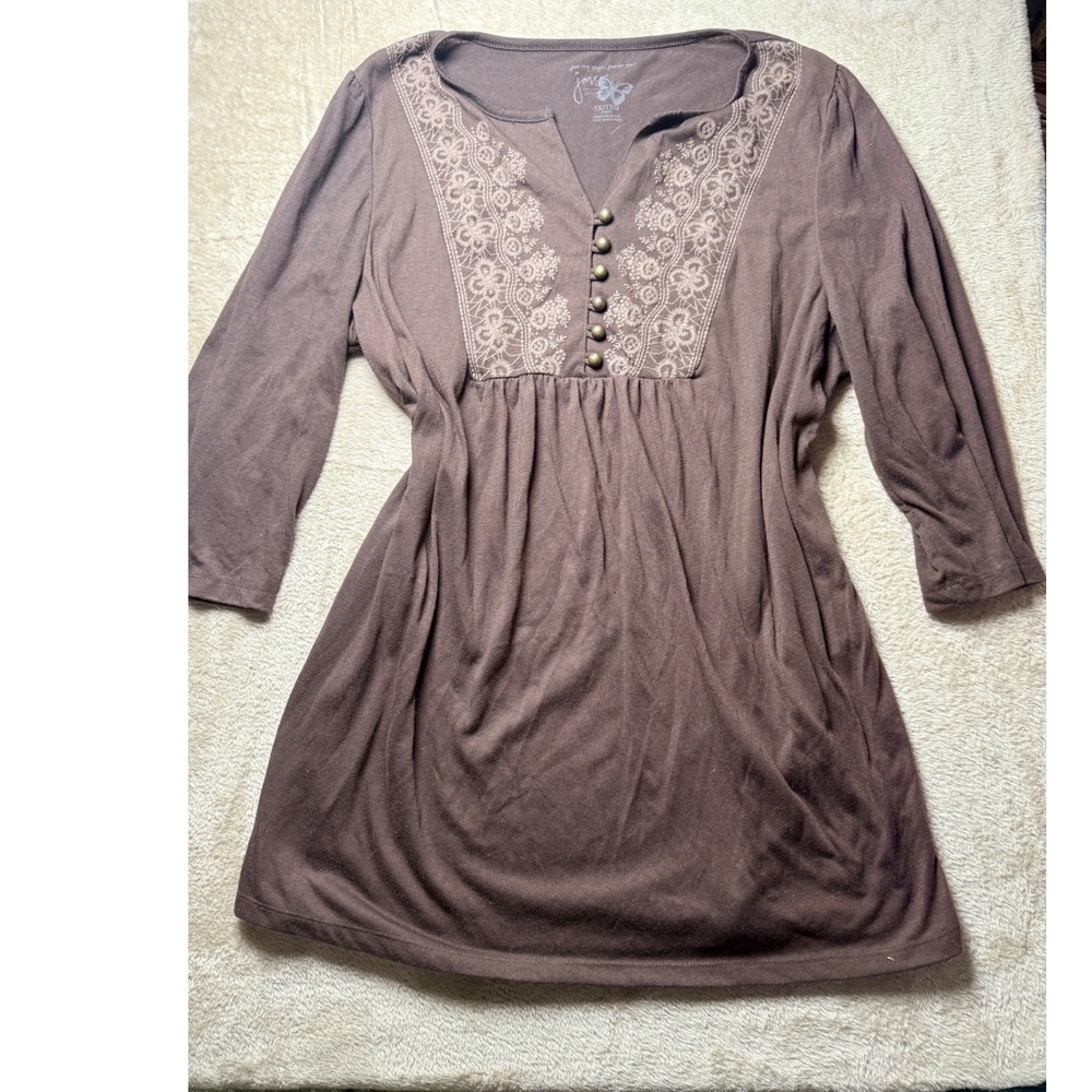 JMS Just My Size Brown Embroidered Babydoll Tunic Top 1X 16W Boho Peasant